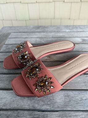 Veronica Beard Maggie Crystal Embellished Slide Sandals Redwood Sz 7 NIB